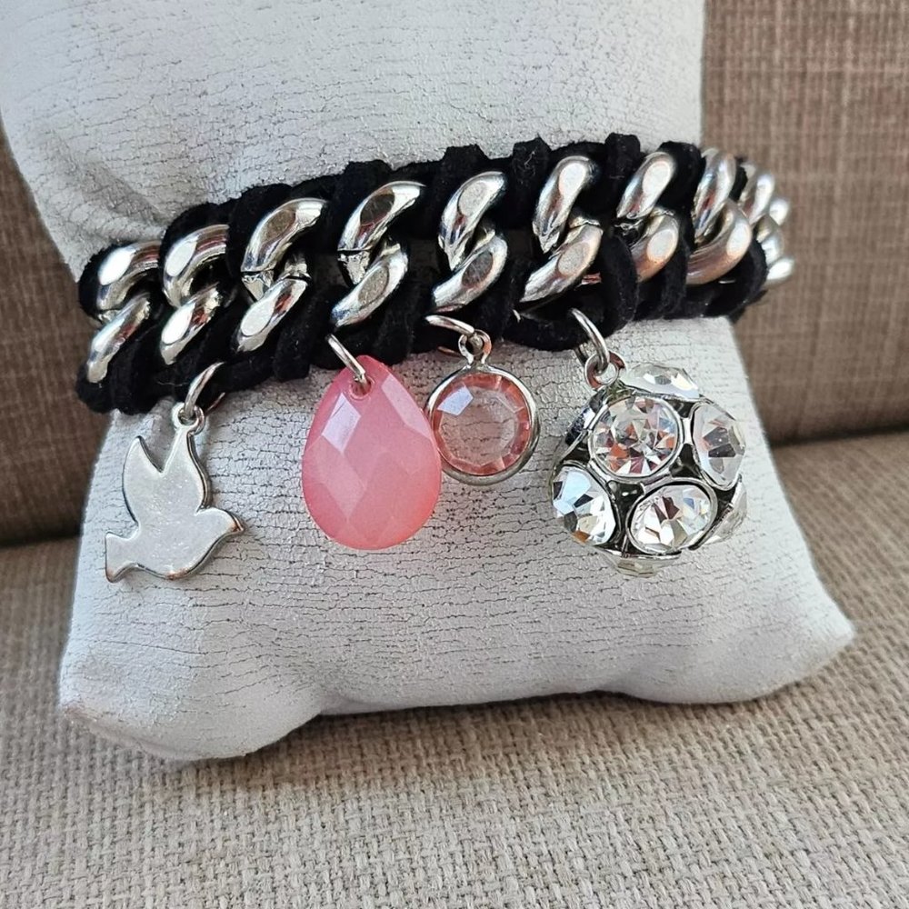 Breast Cancer Awareness Bracelet Black/Silver Metal/Fabric Wrist Band Jewelry